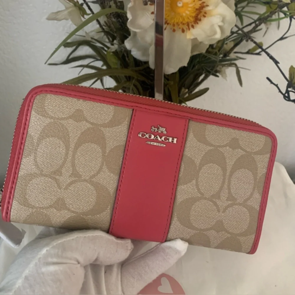 Coach Signature Leather Zip Around Long Accordion Wallet